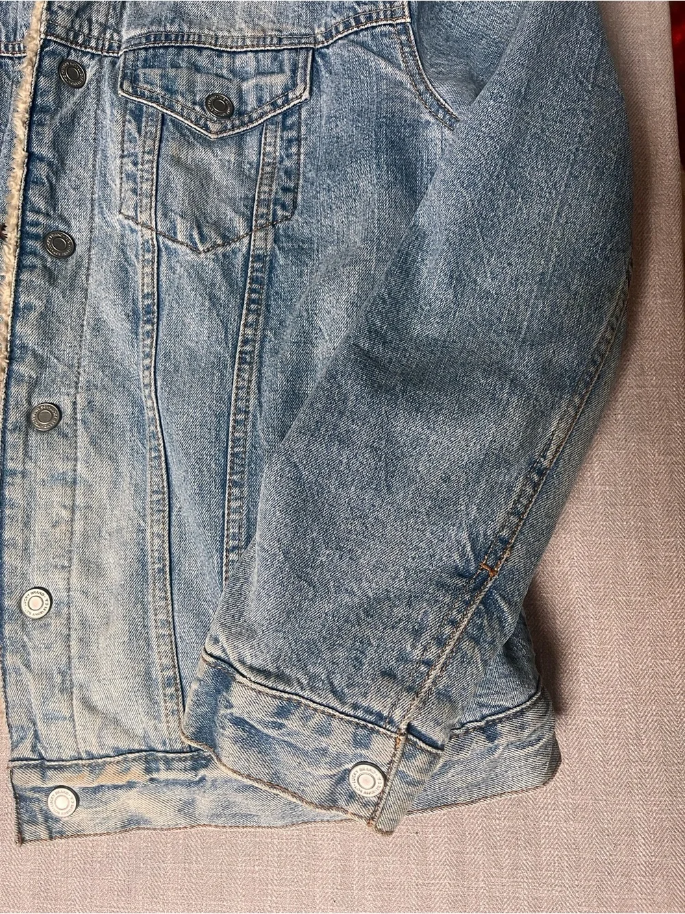 Distressed Lucky Brand Light Blue Denim Sherpa Lined Trucker Jacket